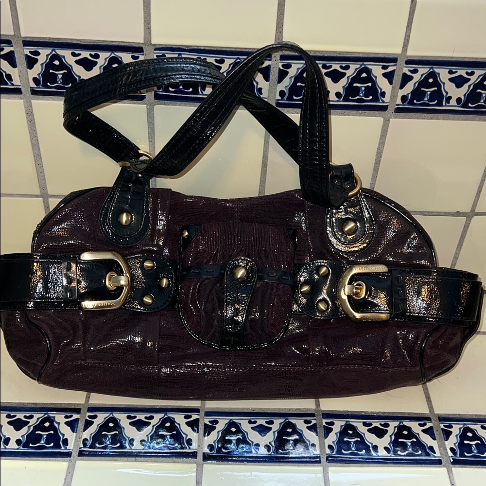 Isabella Fiore Black and Dark Purple Vintage Handbag